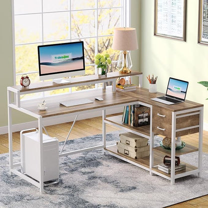 Tribesigns L Shaped Desk with Drawers and Monitor Stand, L Corner Desk with Storage Shelves, Beige Wooden PC Table for Samll Home Office