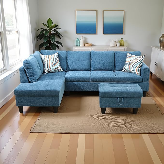 L Shaped Couch Modern Sectional Couch Upholstered Flannel Fabric 3 Pieces Sofas for Living Room with Chaise, Storage Ottoman for Office and Small Apartment, Blue