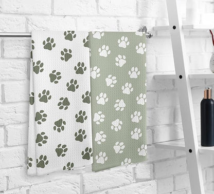 Dog Paws Dish Towel, Sage Green Kitchen Towels and Dishcloths Set of 2, Green and White Hand Towels for Bathroom, Dog Print Kitchen Towel Decorative, Cute Dogs Paw Gifts for Dogs Lovers,16×24In