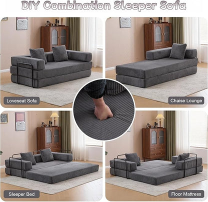 Convertible Sofa Bed, Compression Futon Sofa with Pillows & Armrest, Foldable Mattress Couch with Fixed-Shape Frame, Comfy Couch Lounge Sleeper Bed for Living Room Bedroom, Dark Gray