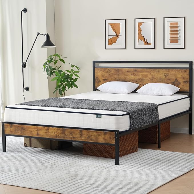 Z-hom Upgraded Twin Bed Frames, Heavy Duty Metal Sturdy Bed Frame Twin Size with Modern Wood Headboard & Footboard, Stable Platform Bed Furniture Bed Storage, No Noise, No Box Springs, Vintage Brown