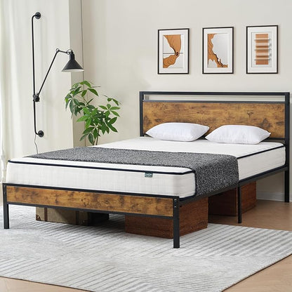 Z-hom Upgraded Twin Bed Frames, Heavy Duty Metal Sturdy Bed Frame Twin Size with Modern Wood Headboard & Footboard, Stable Platform Bed Furniture Bed Storage, No Noise, No Box Springs, Vintage Brown