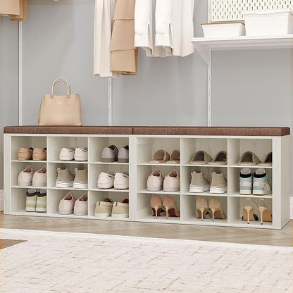 Shoe Storage Bench with Cushion, Entryway Storage Bench with 18 Cubbies, 9.5" Widened Organizer Cabinet, Long Cubby Rack for Living Room, Bedroom, Entryway, White and Brown SB25714KA