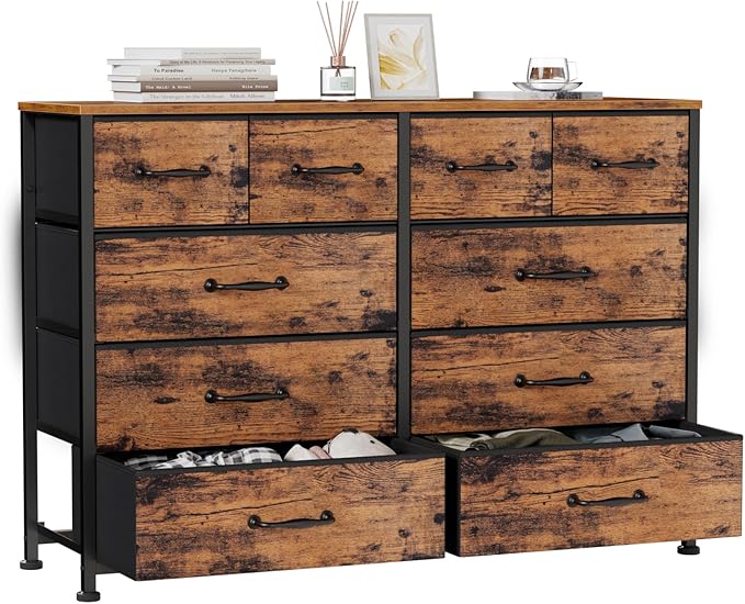 Furnulem Bedroom Dresser for 55”Long TV Stand,10 Storage Organizer Dressers & Chests of Drawers, Sturdy Metal Frame & Wood Top Tall Storage Cabinet for Bedroom Closet Living Room Entryway Rustic Brown