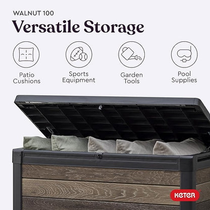 Keter Walnut 100 Gallon Resin Deck Box-Organization and Storage for Patio Furniture Outdoor Cushions, Throw Pillows, Garden Tools and Pool Toys