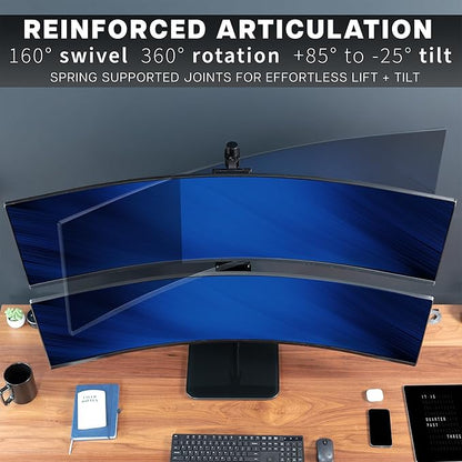 VIVO Dual Vertically Stacked Ultra-Wide Monitor Desk Stand with Glass Base, Extra Tall Adjustable Mount for 2 Ultrawide Screens up to 49 inches, 44 lbs Per Screen Capacity, Black, STAND-V202LG