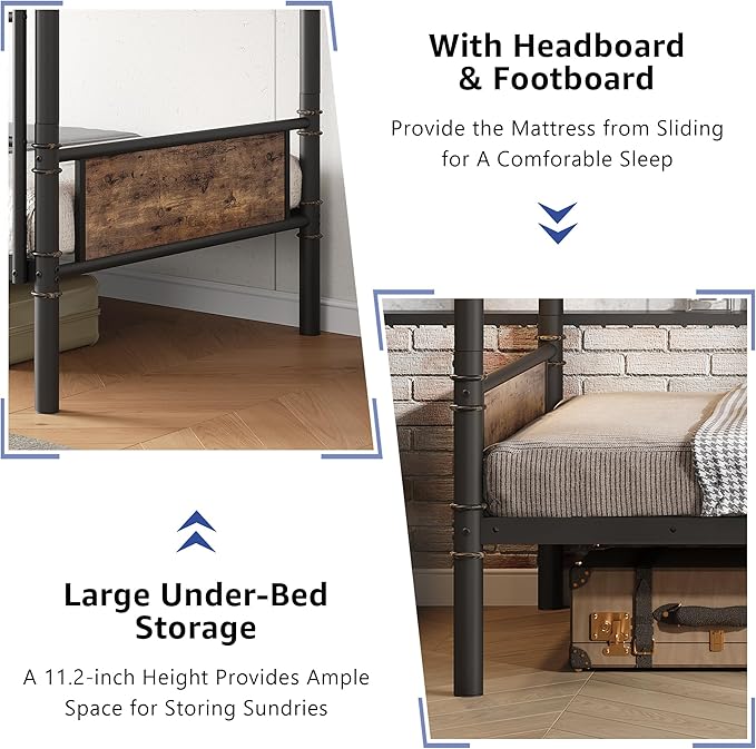 Metal Bunk Bed Twin Over Twin, Industrial Bunkbeds Heavy Duty Bed with Safety Guard Rails and Space-Saving Design, Steel Bed for School, Bedroom (Vintage Brown)