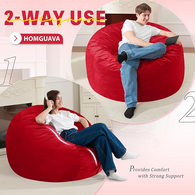 Homguava 3FT Bean Bag Chair: 3' Bean Bags with Memory Foam Filled, Large Beanbag Chairs Soft Sofa with Dutch Velet Cover-Red