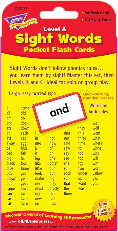 Trend Enterprises: Sight Words Level A Pocket Flash Cards, Great for Skill Building and Test Prep, 56 Two-Sided Cards Included, 108 Commonly-Used Words, for Ages 4 and Up