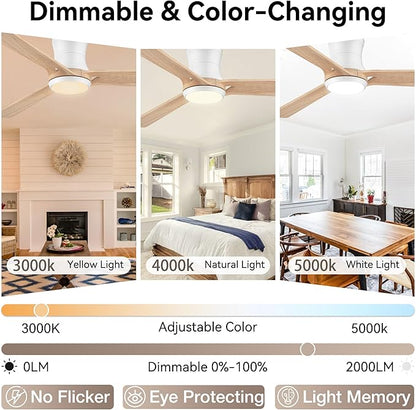 52in Smart Ceiling Fans with Lights,Low Profile Modern Wood Ceiling Fans,Remote/APP/Alexa Control,Outdoor Indoor Flush Mount Ceiling fan,for Bedroom Living room Patio,3 Blade,Light Wood,6 Speeds,Quiet