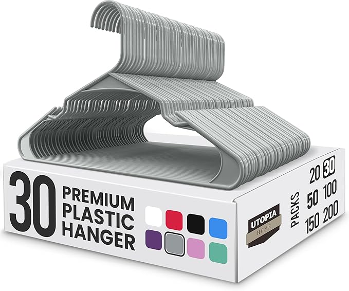 Utopia Home Plastic Hangers 30 Pack - Perfect Space Saving Clothes Hanger - Durable and Strong - Perfect Closet Organizers with Shoulder Grooves (Grey)