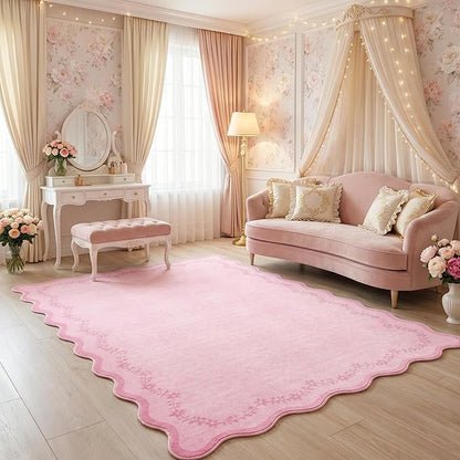 GarveeHome 5x7 Valentines Scalloped Area Rug Pink Washable Rugs for Living Room Bedroom, Soft Low Pile Non Slip Accent Floor Mat Solid Floral Print Throw Rug Farmhouse Indoor Carpet for Dorm Playroom