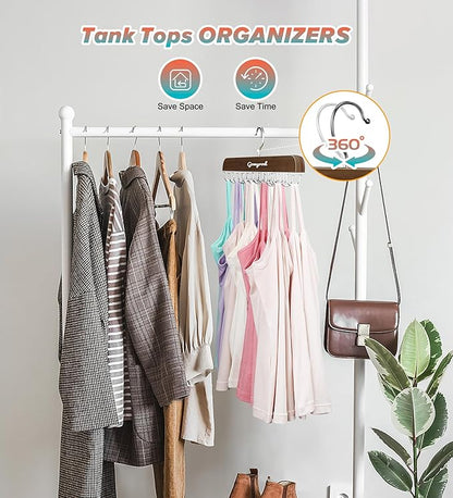Bra Hanger for Closet, 1 Pack Tank Top Hanger w/20 Hooks Capacity Foldable Wood Space Saving Hangers, 360°Rotating Closet Organizers and Storage for Dorm & Apartment for Bra Scarf Ties(Brown)