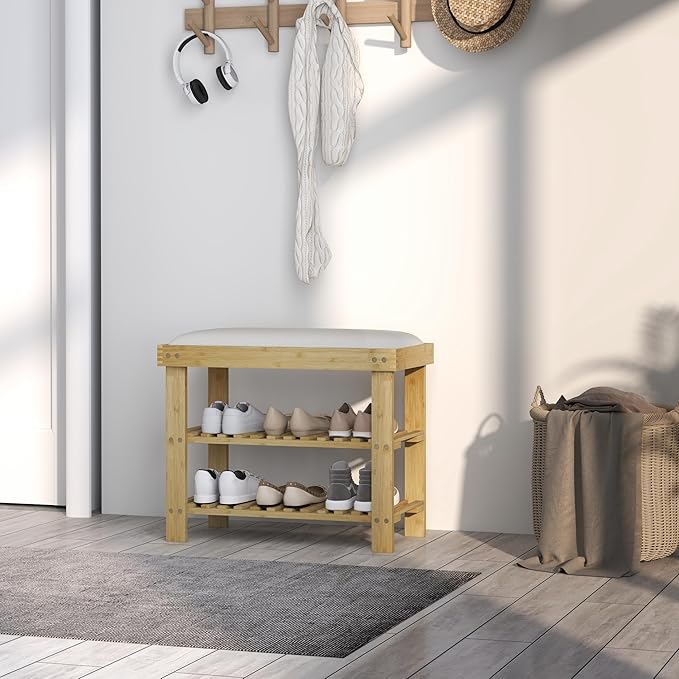 HOMCOM Bamboo Shoe Bench, 3-Tier Entryway Bench with Storage and Cushion, Shoe Organizer for Entryway, Hallway, Holds Up to 331 lbs, 23.6 x 11.4 x 19.3 Inches, Cream White
