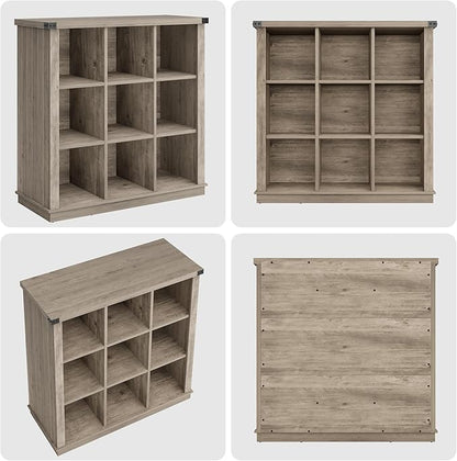 GarveeHome 9 Cube Storage Organizer Bookshelf, 4 Tier Farmhouse Horizontal Bookcase, 37.4 Inch Wood Storage Bookcase for Entryway, Long Low Bookshelves for Living Room-Grey