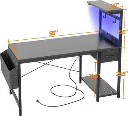 TIQLAB Gaming Desk 55 inch with Power Outlet and LED Light, Computer Desk with Reversible Shelves and Storage Drawer, Small PC Desk for Home Office Table with Bag, Carbon Fiber Black
