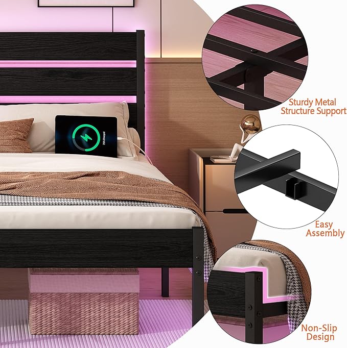 Full Size Bed Frame with Headboard,Heavy Duty LED Bed Frame with USB Charging Station,Mattress Foundation-Under Bed Storage, No Box Spring Needed, Noise Free，Black