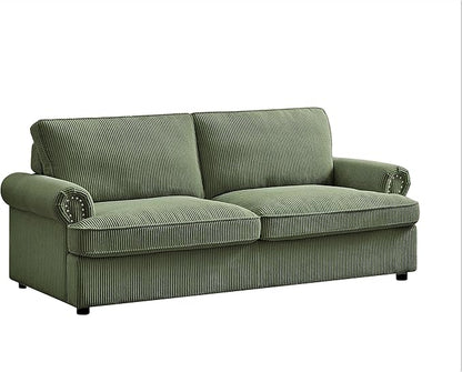 Reversible Sleeper Sofa Bed with Comfortable Memory Foam Mattress, Convertible Corduroy Full Size Pull Out Couch for Living Room, Space Saving Furniture, 72" Wide, Rounded Arms, Dark Green