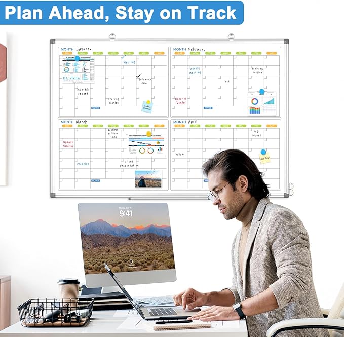 Dry Erase Calendar for Wall 4 Month, WALGLASS 36" x 24" Large Double-Sided White Board Calendar, Dry Erase Monthly Planner Board, Silver Aluminum Frame Hanging Wall Mounted for Office Home School