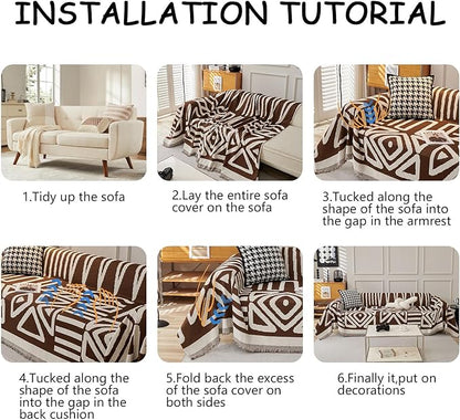HANDONTIME Chocolate Boho Couch Cover Reversible Sofa Covers for 3 Cushion Couch Washable Sofa Cover for Dogs Boho Couches Covers Chenille Couch Protector Couch Covers for Sofa, 71" X118"
