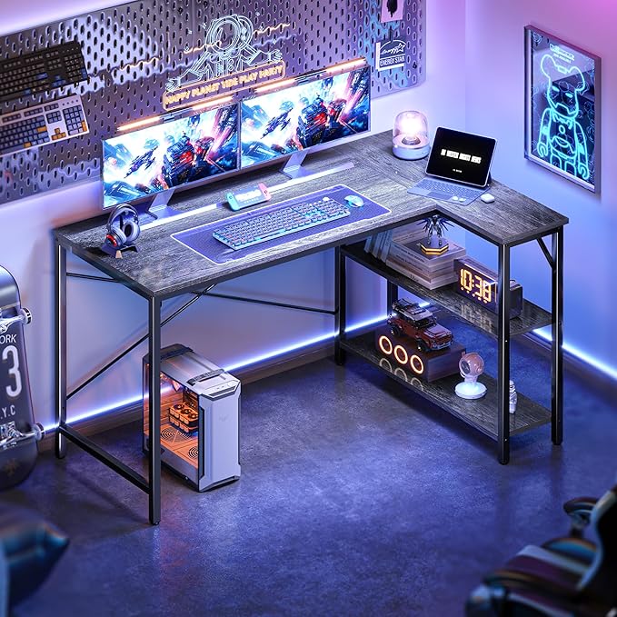 Huuger L Shaped Desk, 47 Inches Computer Desk with Reversible Storage Shelves, for Gaming Corner Home Office Writing Study, Metal Frame, Gray