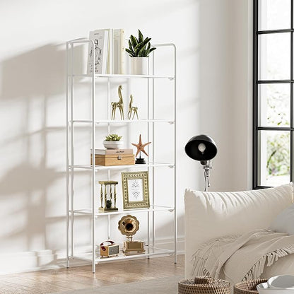 Crofy No Assembly Folding Bookshelf for Living Room, 5 Tier White Collapsible Book Shelf for Home Office, Portable Bookcase Storage Organizer