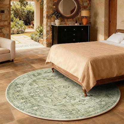 4x4 Round Bedroom Rug Washable: Round Rugs Stain Resistant Green Floral Rug Non Slip Low Pile Small Carpet for Bedroom Kitchen Entryway Living Room Bedside Office Dorm Kids Room Entrance