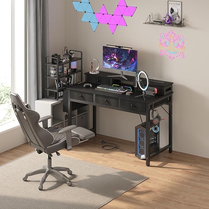 Lufeiya Computer Desk with Drawers for Home Office Bedroom, 40 inch Black Writing Study Teacher Desks with Fabric Drawers Storage, Gaming Desk Table with Power Outlet & Monitor Stand, Black