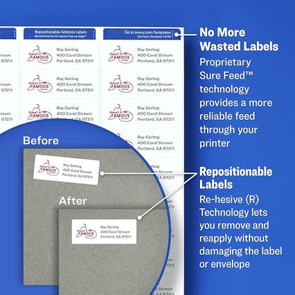 Avery Repositionable Printable Address Labels with Sure Feed, 1" x 2-5/8", White, 750 Blank Mailing Labels (58160)
