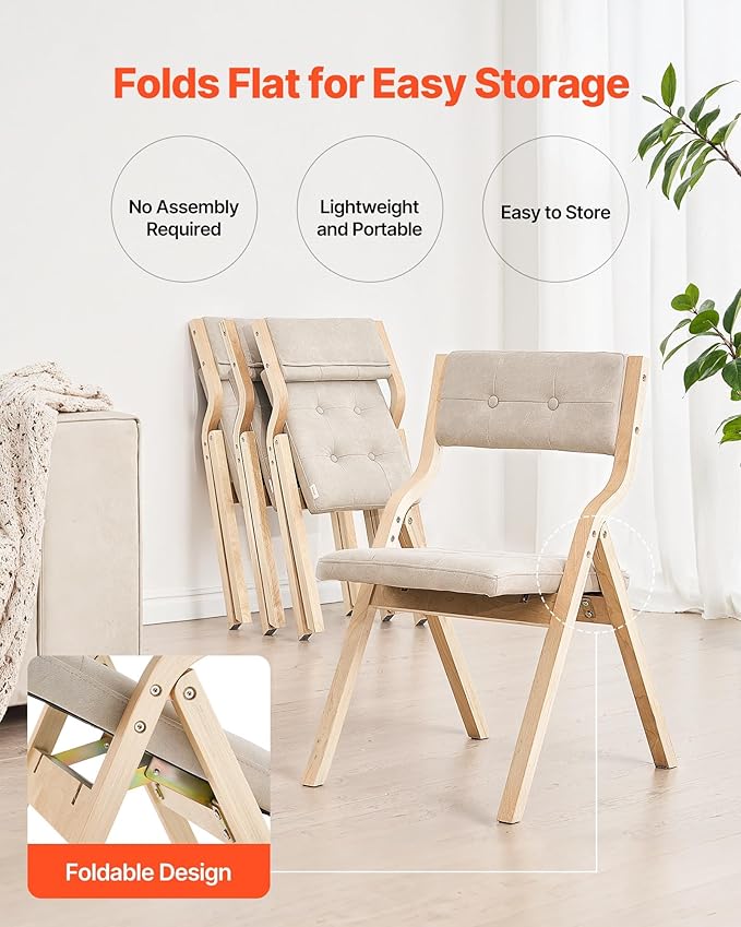 VEVOR Wooden Folding Chairs with Cushion, Set of 2, Portable Foldable Cushion Chair with Wooden Frame, Modern Padded Dining Chair for Kitchen, Office, Wedding, Party, Dining Room, Easy Assembly, Beige