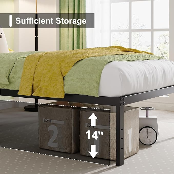 EMODA 16 Inch Platform King Bed Frame No Box Spring Needed, Heavy Duty Metal Mattress Foundation with Sturdy Steel Slats Support, Noise Free, Easy Assembly, Black