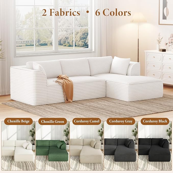 Vesgantti 106" Modular Sectional Sofa with Chaise, Deep Seat Comfy Cloud Couch Corduroy L Shaped Sofa Sectional Couches for Living Room Bedroom, No Assembly Required (Beige, Right-Facing Chaise)