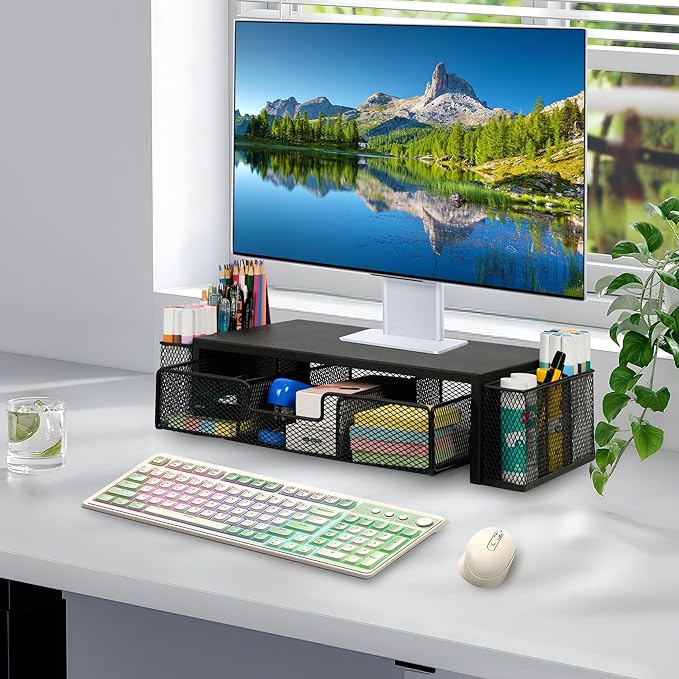 Computer Monitor Stand Riser with Drawer and Pen Holders, Desk Organizer Shelf and Accessories, Office Desk Accessories, Office Organization, Black