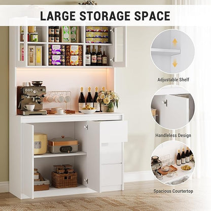 Garvee Kitchen Pantry Cabinet,71" Tall Storage Cabinet with Doors and Shelves Adjustable,Kitchen Storage Hutch with Microwave Shelf, Led Lights and Charging Station,Corner Pantry Cabinet,White