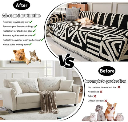 HANDONTIME Armchair Boho Sofa Covers for Dogs - Black & Beige Chenille Slipcovers for Chair, Recliner & Sectional Couch - Pets Protector - 71" x 71"