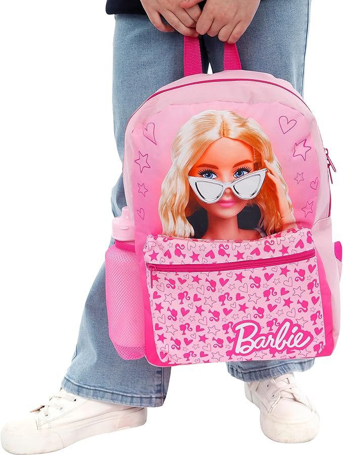 Barbie Backpack 4 Piece Set | Girls School Bag Set | Girls Backpack Lunch Bag Water Bottle and Pencil Case | One Size Pink