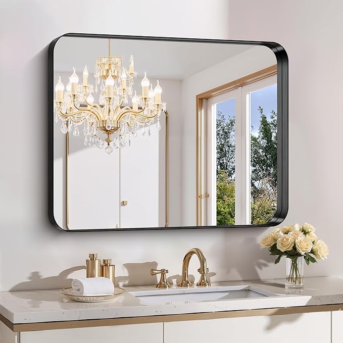 FORBATH 30x36 Inch Bathroom Mirror, Brushed Black Deep Frame Wall Mirror with Rounded Corners, Anti-Rust Tempered Glass for Modern Farmhouse Vanity (Horizontal/Vertical)