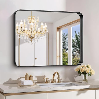 FORBATH 30x36 Inch Bathroom Mirror, Brushed Black Deep Frame Wall Mirror with Rounded Corners, Anti-Rust Tempered Glass for Modern Farmhouse Vanity (Horizontal/Vertical)