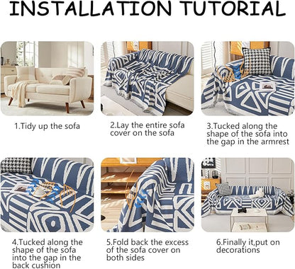 HANDONTIME Boho Couch Covers for Sofa Chenille Sofa Covers Washable Sectional Sofa Cover Blanket Geometric Reversible Couch Cover for L Shaped Couch Couch Protector for Dogs, 71" X118", Denim Blue