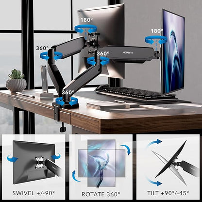 Mount-It! Dual Monitor Desk Mount – Full Motion Gas Spring Arms, Fits 13 to 32 Inch Screens, Holds 17.6 lbs per Arm, Dual Monitor Stand, VESA Mount, C-Clamp & Grommet Base
