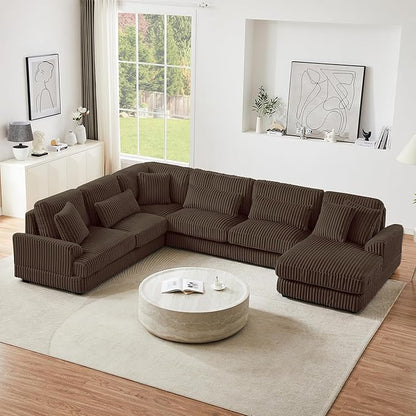 129" Oversized U Shaped Modular Sectional Sofa Couch for Living Room 7 Seater Plush Corduroy Upholstered Large Sofa Deep Seat Cloud Couch with Extra Wide Chaise Lounge and Detachable Thick Cushions