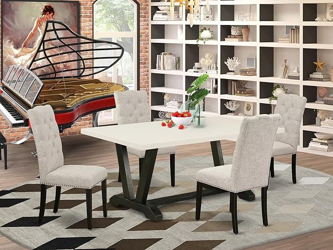 East West Furniture V627EL635-5 5 Piece Dining Table Set for 4 Includes a Rectangle Kitchen Table with V-Legs and 4 Doeskin Linen Fabric Parson Dining Chairs, 40x72 Inch, Multi-Color