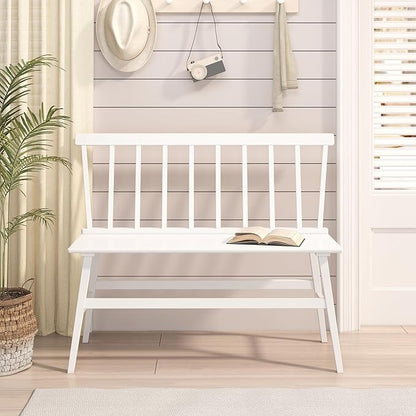 Bamboo Dining Bench, Wooden White Entryway Bench with Spindle Back Farmhouse Wood Windsor for Foyer Balcony Living Room Comfortable Winsor Chair Benches for Home