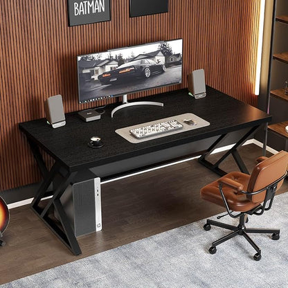 LVB Black Desk, Modern Gaming Writing Computer Desk for Home Office, Metal Wood Study Work PC Computer Table for Bedroom, Industrial Executive Student Workstation Desk, 47 Inch, Black Oak
