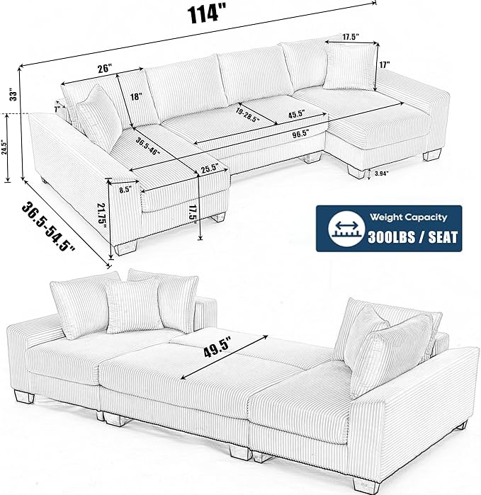 Symmetrical U Shaped Sectional Sofa Convertible Pull Out Sleeper Sofabed with Double Chaise Daybed , Corduroy Upholstered U Shaped Lounge Sofa Couch Bed w/ Throw Pillows for Living Room Apartment