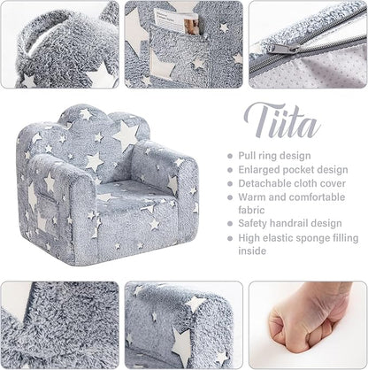 Tiita Kids Couch Plush Toddler Chair, Cloud-Like Glow in The Dark Kids Sofa Toddler Reading Chair with Washable Cover Carrying Handle, Convertible Children Sofa Chair for Girls and Boys