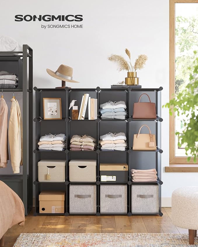 SONGMICS Cube Storage Organizer, Set of 16 Plastic Cubes, Closet Organizers and Storage, Room Organization, Bedroom Living Room, 12.2 x 48.4 x 48.4 Inches, Gray ULPC442G01