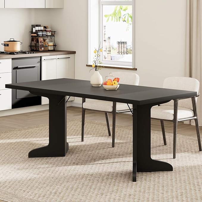 71" Dining Table for 6 to 8 People, Modern Dinner Table with Unique Wooden Legs, Rectangle Dining Table for Kitchen, Dining Room & Living Room, Black