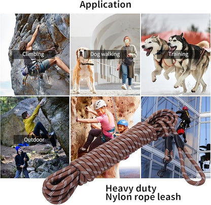 Long Dog Leash for Training 50Ft-Reflective Nylon Rope with Swivel Hook-Recall Agility Lead for Large Small Medium Dogs Outside Walking Hiking-Brown Diam 1/2"