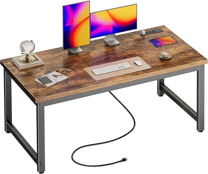 Huuger 55 x 24 inch Desk with Power Outlets & USB-C, Deeper & Thicker Desktop, Robust Metal Tubes, Computer Desk, Heavy Duty Office Desk, Work Gaming Desk for Home Office, Rustic Brown